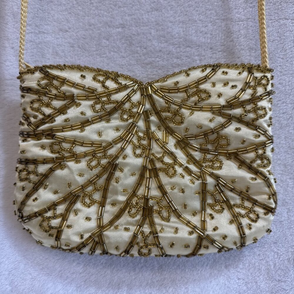 Vintage Yellow Beaded Evening Bag‎ Small Braided Crossbody Strap Elegant Prom